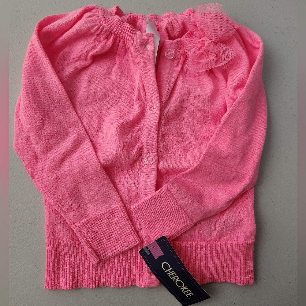 Cherokee Button Down Pink Cardigan w/ accent Tulle Bow, Clear Buttons,18mons,NWT